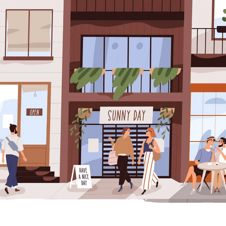 A street view of busy storefronts, vector art