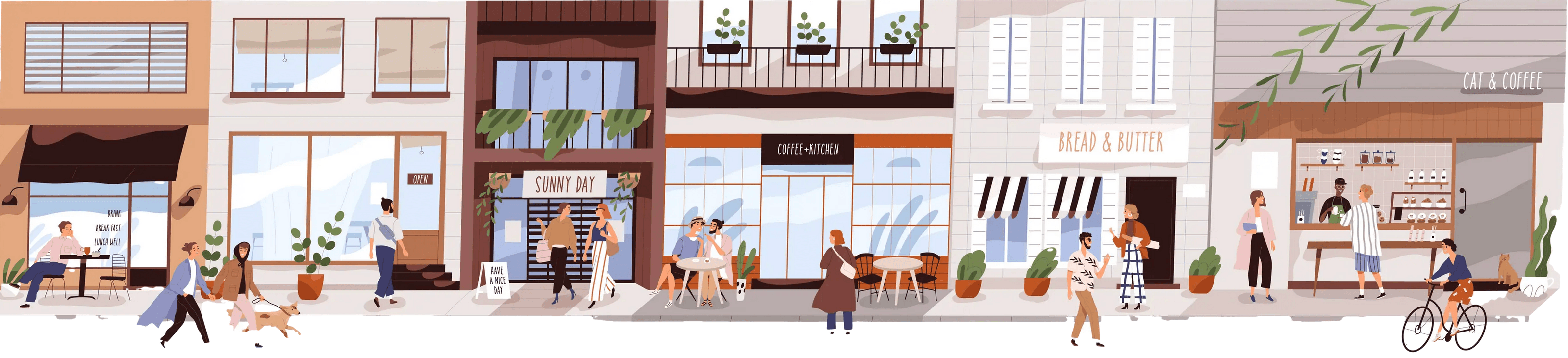 A street view of busy storefronts, vector art